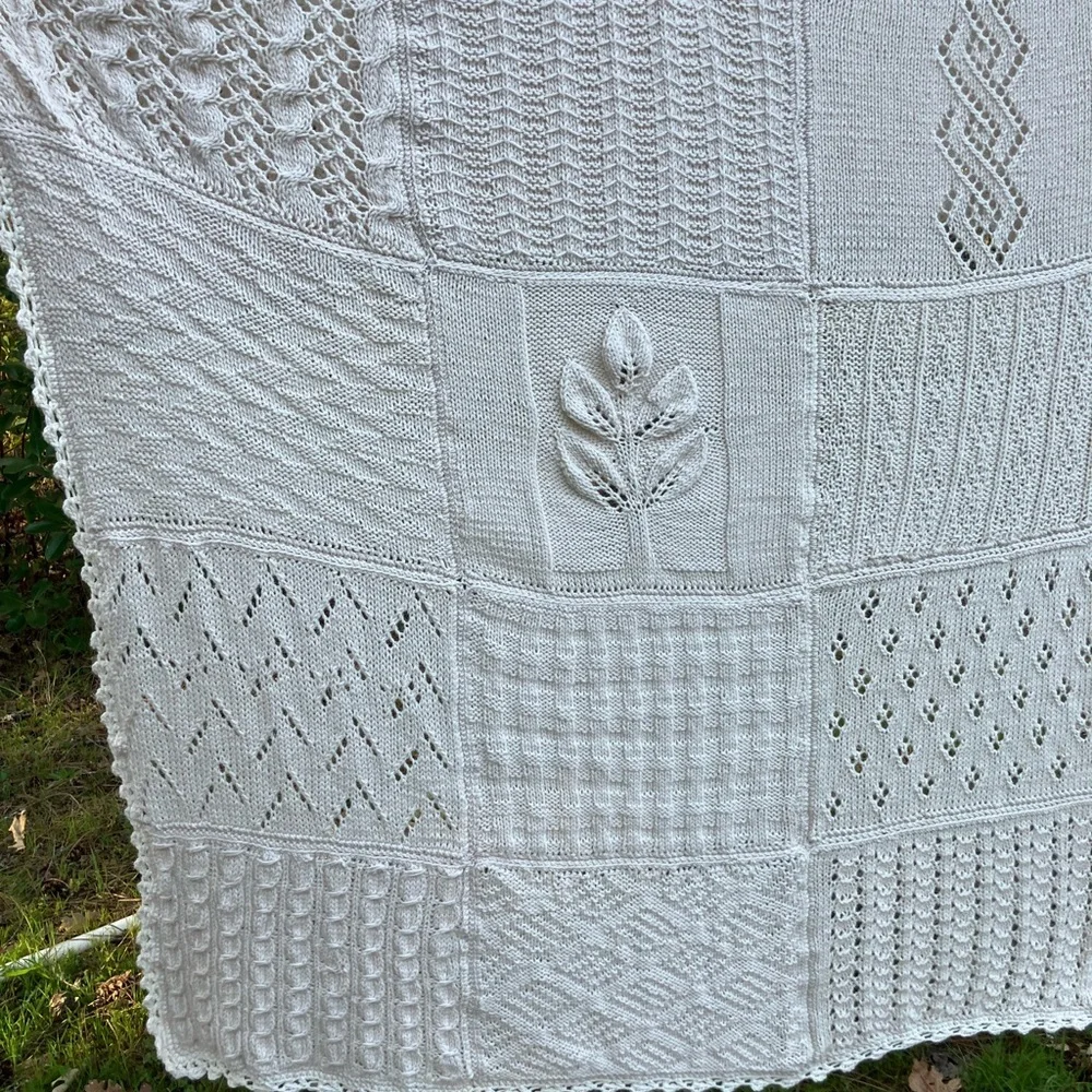 Handmade blanket with knitting sampler squares wool and acrylc throw natural